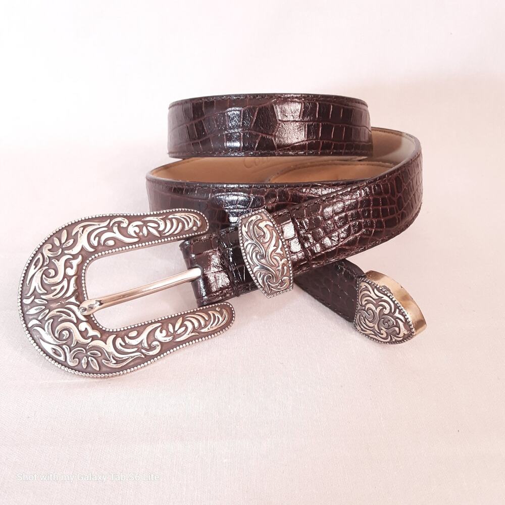 💎Coldwater Creek Leather Belt Med Waist Southwestern Darkest Brown Reptile Print